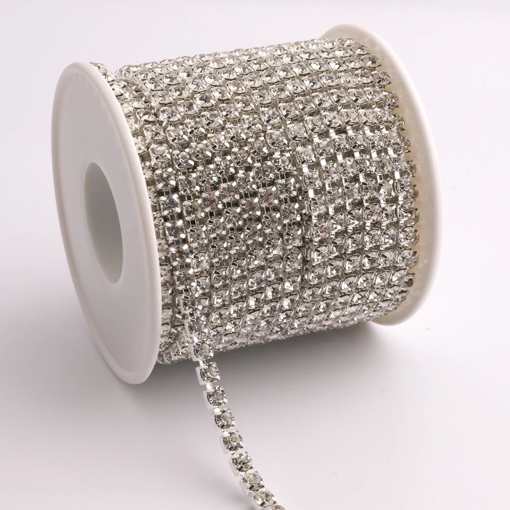 SS6-SS18(2mm-4.5mm) 10 yard/roll Crystal Clear Trim Rhinestone Sewing Strass Silver Base Densify Claw Cup Chain For Dress Design