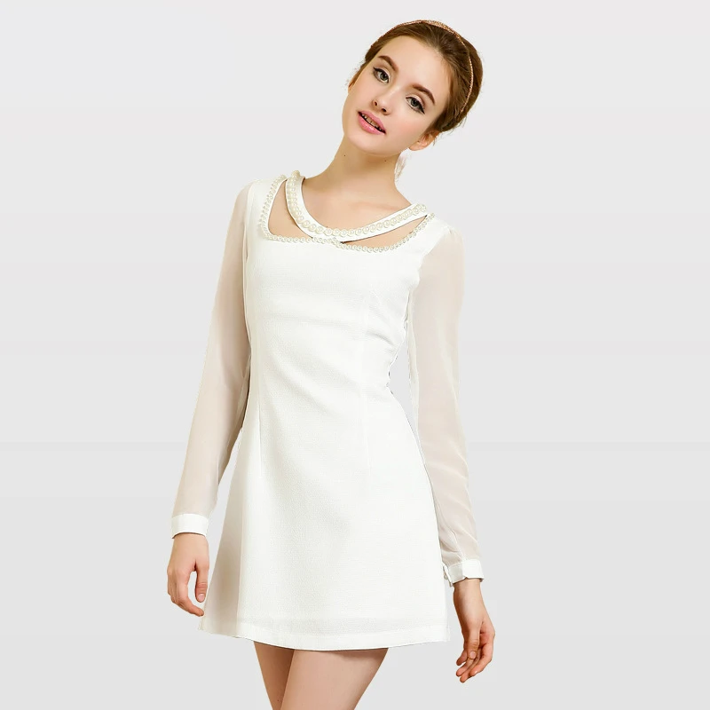 

Brand Designer White Chiffion Dress Women Long Sleeve Casual Elegant Dress for Wedding Party Robe with Baeding Black Mini Dress