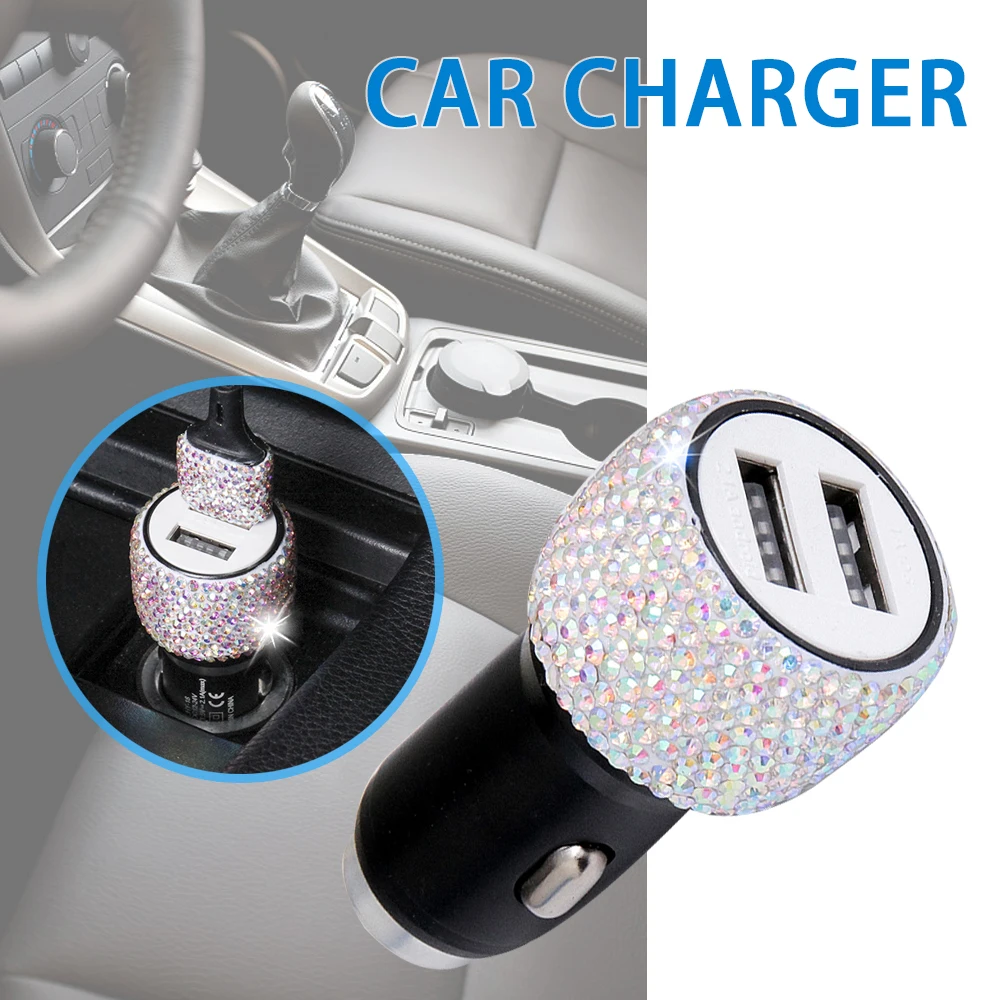 

Car Charger Bling Diamond Dual USB Car Adapter Safety Hammer Handmade Rhinestones Crystal Car Decorations For Phone