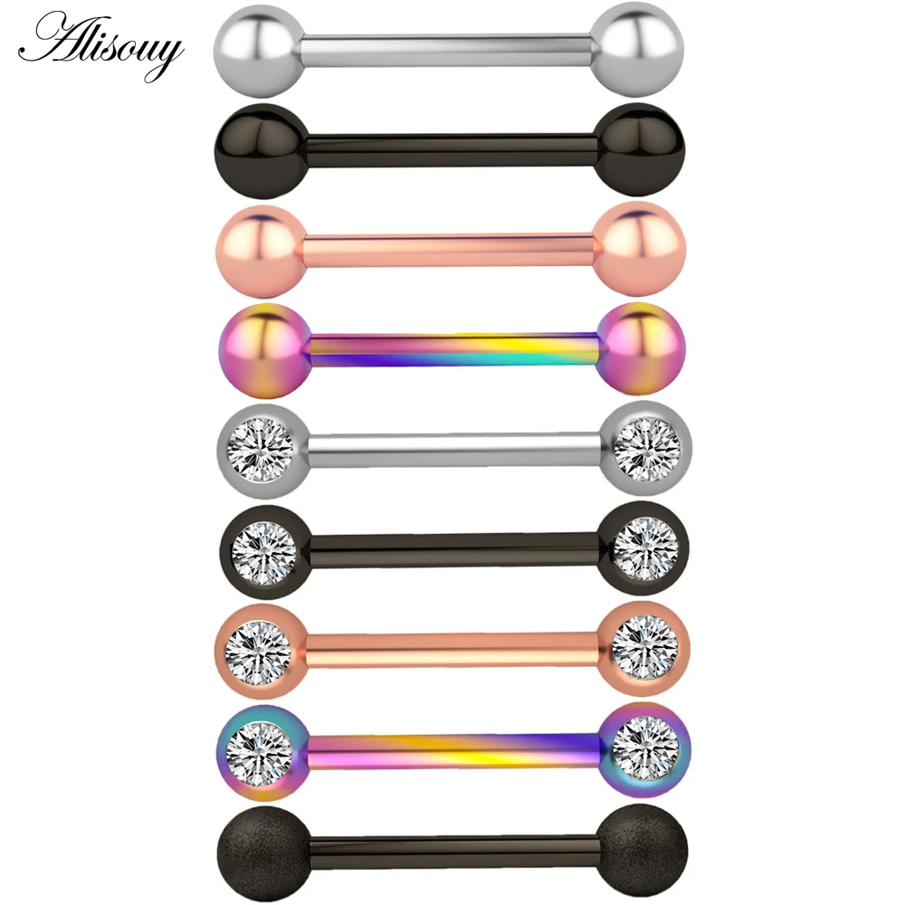 Alisouy 2pcs 14G Stainless Steel Women Long Industrial Barbell Tongue Nipple Ring Bar Tragus Helix Ear Piercing Body Jewelry