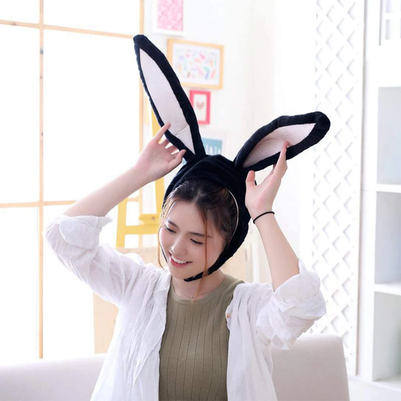 Women Men Funny Plush Bunny Ears Hood Hat Cute Rabbit Eastern Cosplay Costume Accessory Headwear Halloween Party Props