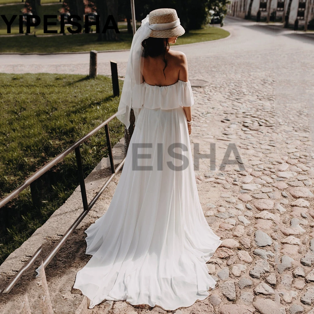 Vestidos de Noche de gasa de corte en A para mujer, vestido de fiesta de gasa con manga corta, Espalda descubierta, Simple, frontal, dividido