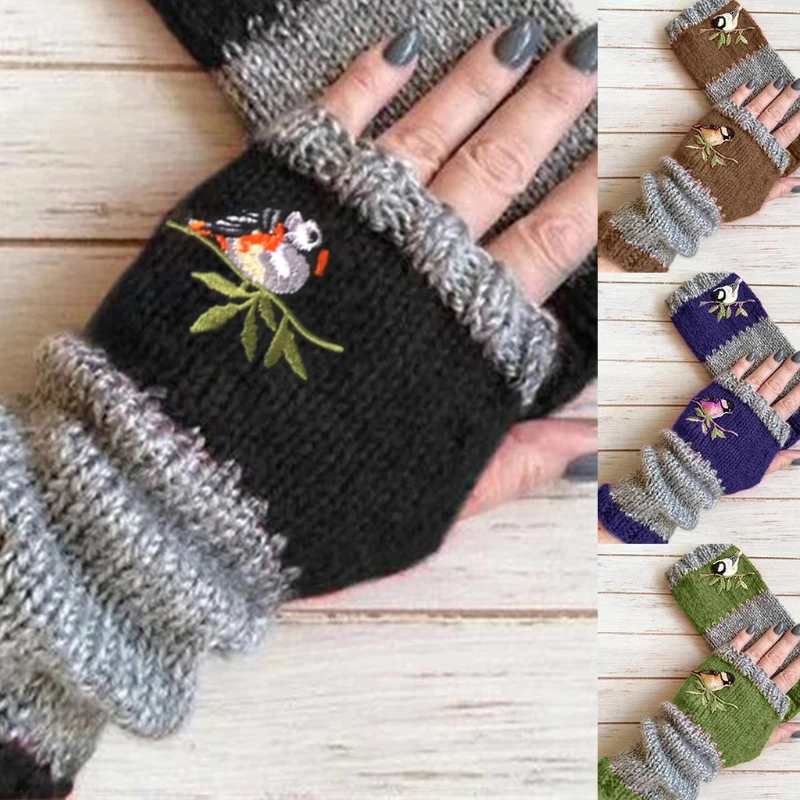 Women Winter Knitted Fingerless Gloves Bird Embroidered Color Block Splice Half Finger Mittens Outdoor Driving Thumb Hol