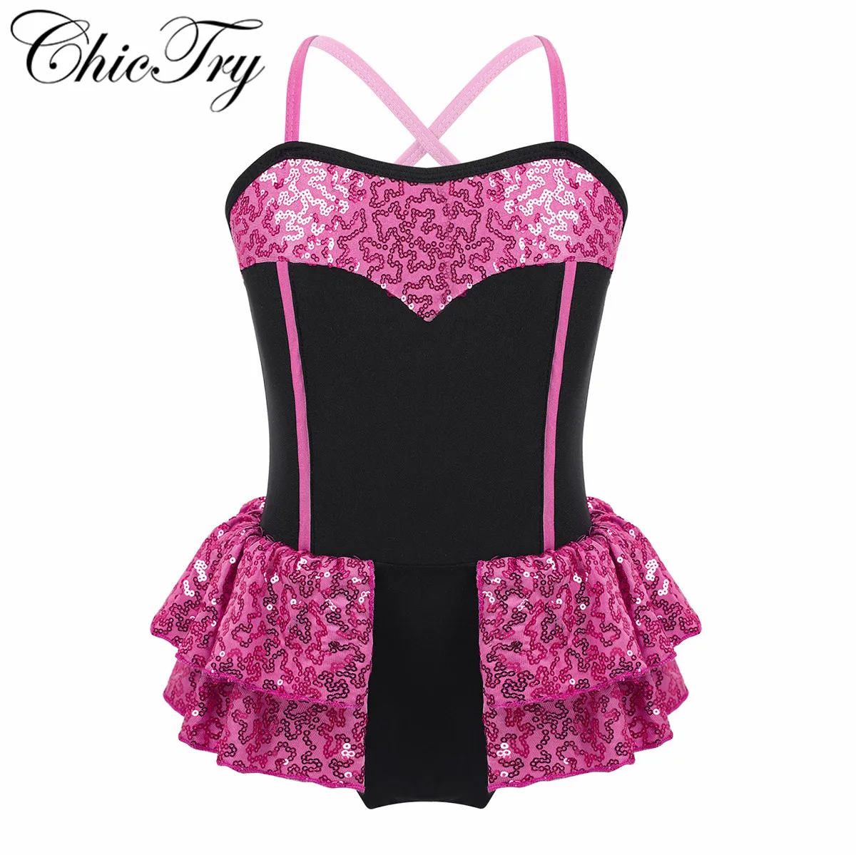 Kids Girls Spaghetti Shoulder Straps Shiny Sequins Ballet Dance Leotard Ballerina Dress Modern Jazz Latin Dancing Costumes