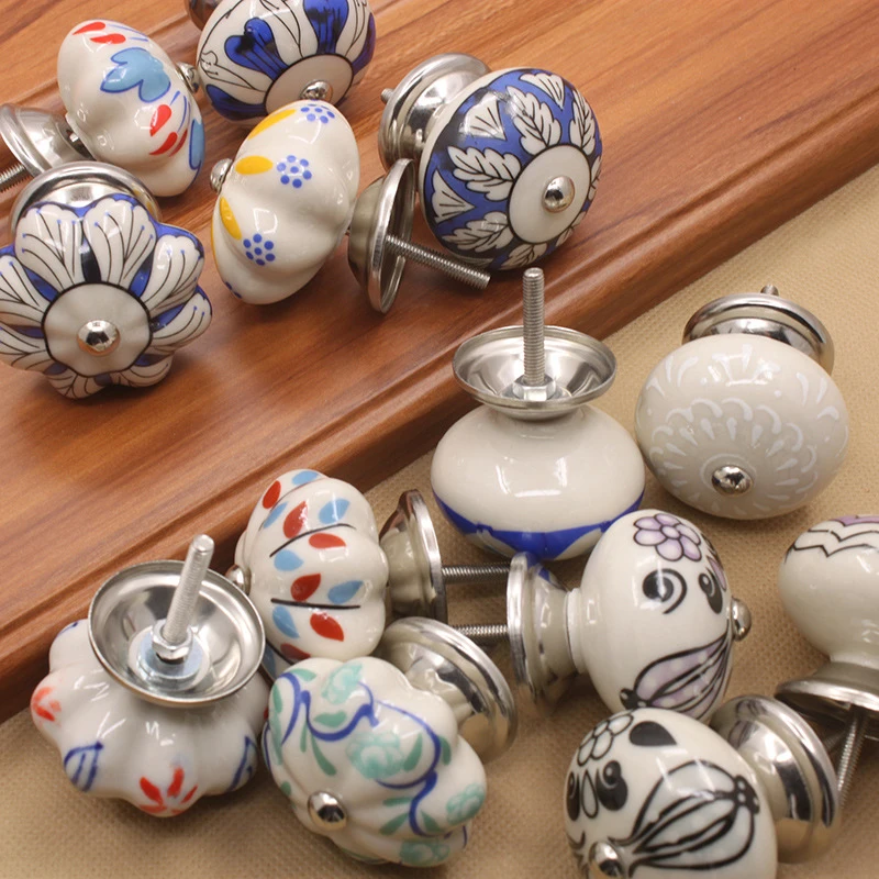 40mm Hand-painted Ceramic Drawer Knobs Porcelain Cabinet Knoba Cupboard Handles with base Furniture Handle Hardware