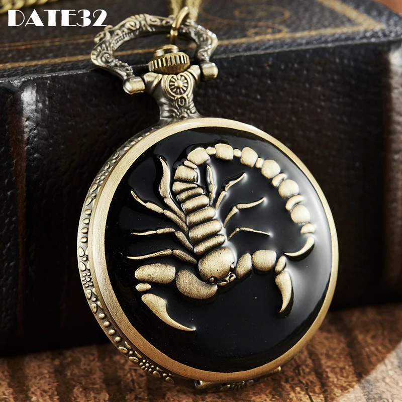 Reloj de bolsillo con colgante para hombre, pulsera con diseño de Animal, Araña, escorpión, funda de bronce negro, cadena, el mejor regalo de colección, venta al por mayor