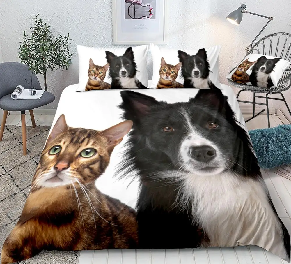 

Cute Pet Bedding Set Dog And Cat Duvet Cover Set Good Friend Coverlet Border Collie Puppy Quilt Cover Queen