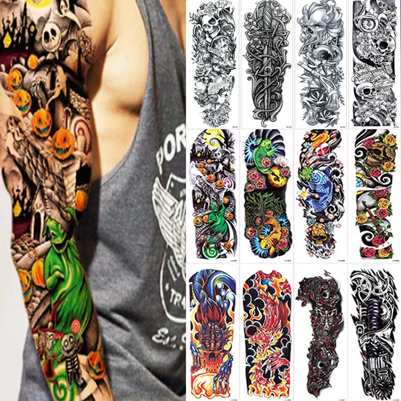 

Водостойкие временные татуировки на всю руку для мужчин и женщин, крутой дизайн ног, черная рыба, дракон, череп, рукав, большая поддельная наклейка, блестящий стиль