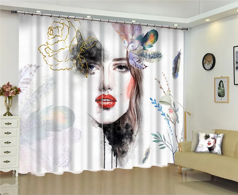 Fashion Woman Print Luxury 3D Window Curtains for Living Room Girl Bedroom Customized Size Drapes  Pillowcase