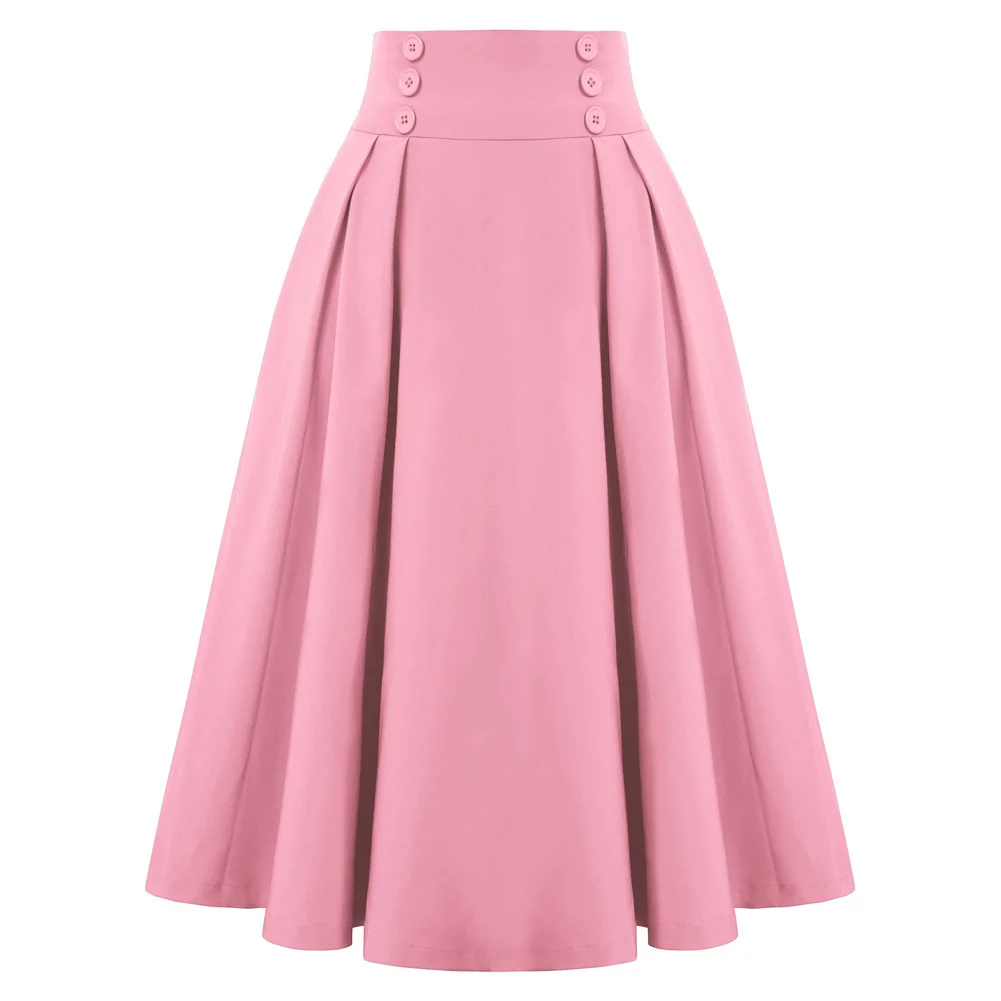 Belle Poque Women's Skirts Pleated Swing Skirt Buttons Decorated Elastic Waist High Waist Retro Pure Color Mid-calf Skirts New