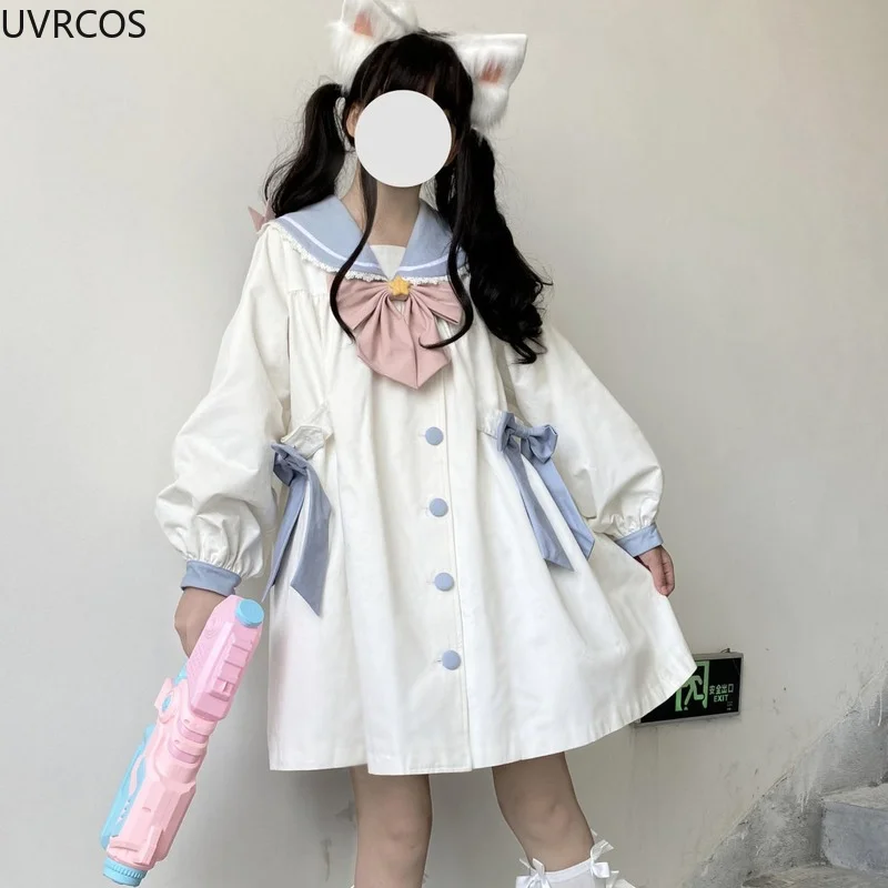 Japanese Preppy Style Women Sweet Lolita Outwear Spring Autumn Kawaii Lace Sailor Collar Bow Loose Jackets Harajuku Girls Coats