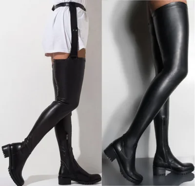 Trendy Women Shoes Black Thigh High Boots Elastic Belt women\'s boots Black Sexy Long Boots Women Over Knee Boots Leather Botas