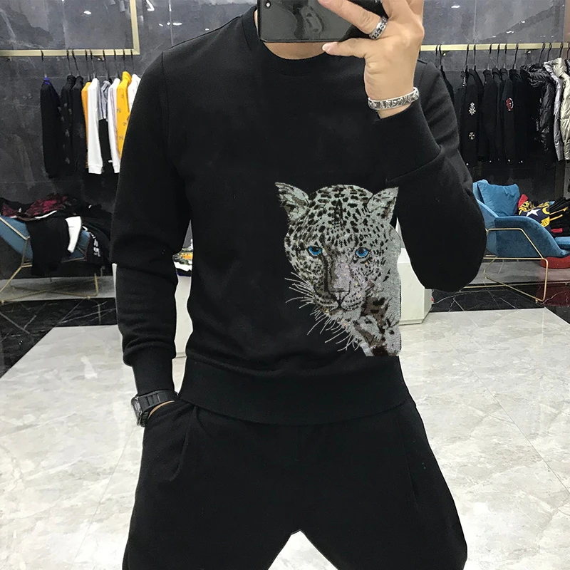 2024 European Men's Hoodie Comfortable Fabric Hot Diamond Shiny Craft Outdoor Fitness Sweatshirt Oversized