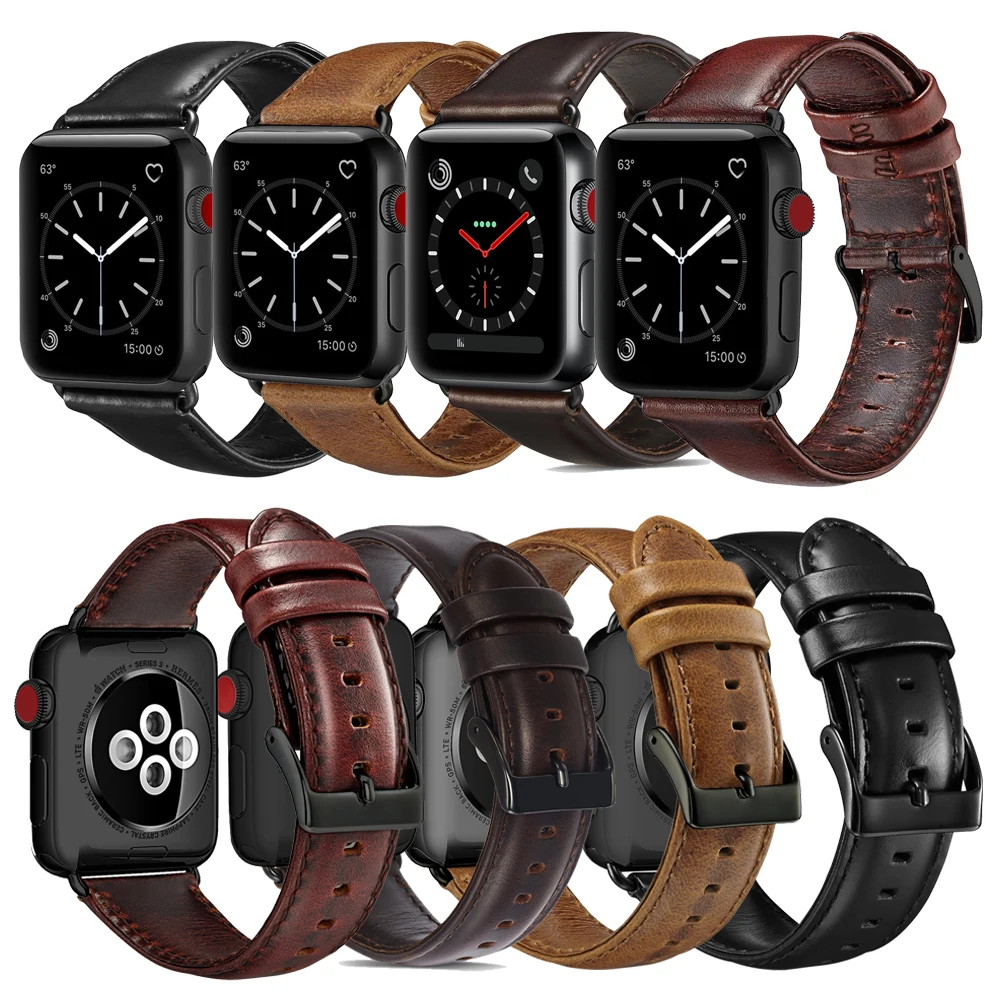 VIOTOO Black Bracelet Genuine Leather For Apple Watch Band 45mm 44mm 42mm 41mm Series 7 6 5 SE Watch Strap For iWatch Watchband