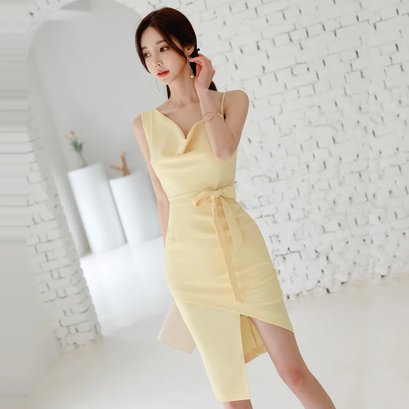 

2021 Summer New Korean Sexy Slanted Shoulder Suspender Dress Women Elegant Lace-up Slim Bag Hip Dress Vestidos