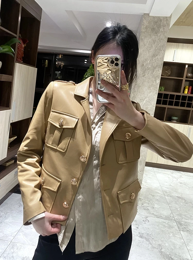 New Arrival 2023 Women Coat Spring And Autumn Short Clothes Safari Style Imports Sheepskin Jacket Multiple Pockets