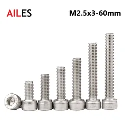 M2.5 A2-70 304 Stainless Steel Allen Hexagon Hex Socket Cap Head Screws Bolt DIN912 M2.x3 4 5 6 7 8 10 12 30 35 40 45 50 55 60mm