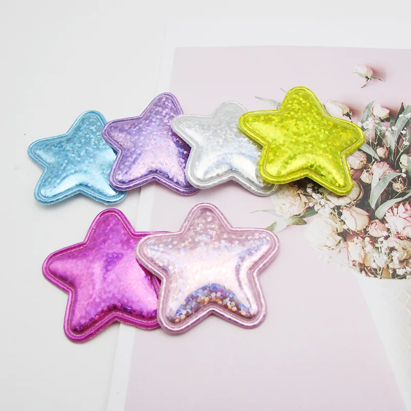 60 pz/lotto 4cm glitterato Laser PU stella patch imbottite per neonate accessori per capelli Appliques per artigianato BB clip ornamento