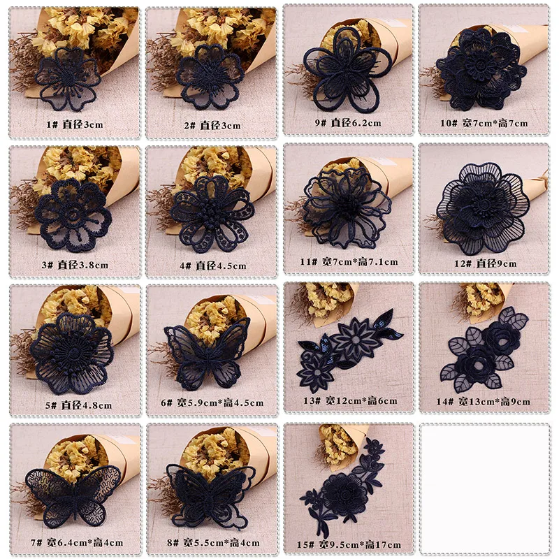 Navy Dark Blue Lace Embroidery Patches Sew Ion on Clothes Organza Flower Butterfly Appliques for Clothing Jeans Dress DIY Stripe