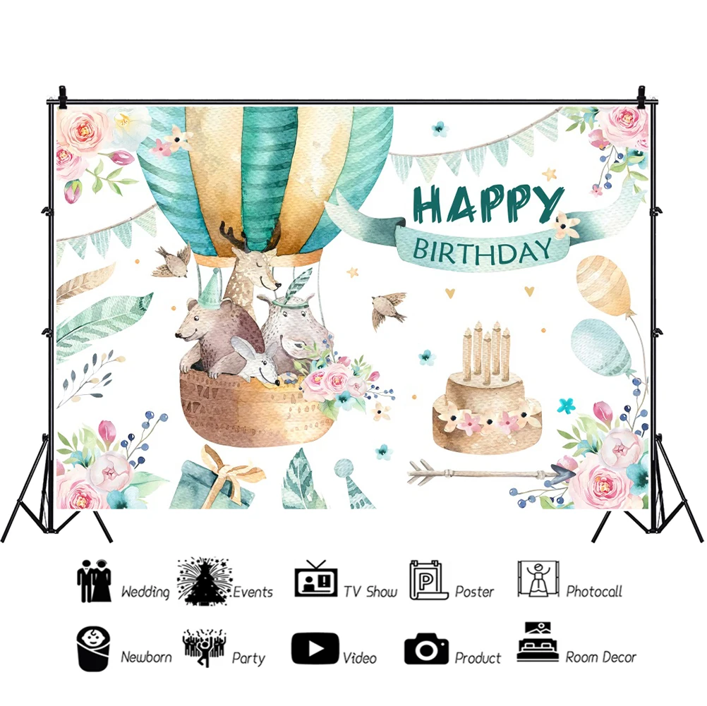 Laeacco-fondo fotográfico personalizado para fiesta de cumpleaños de bebé, telón de fondo de animales con globos de aire caliente, pastel, para estudio fotográfico