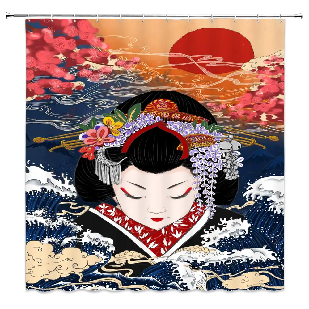 Japanese Vintage Geisha Girl Wave Ocean Watercolor Abstract Floral Traditional Curtains