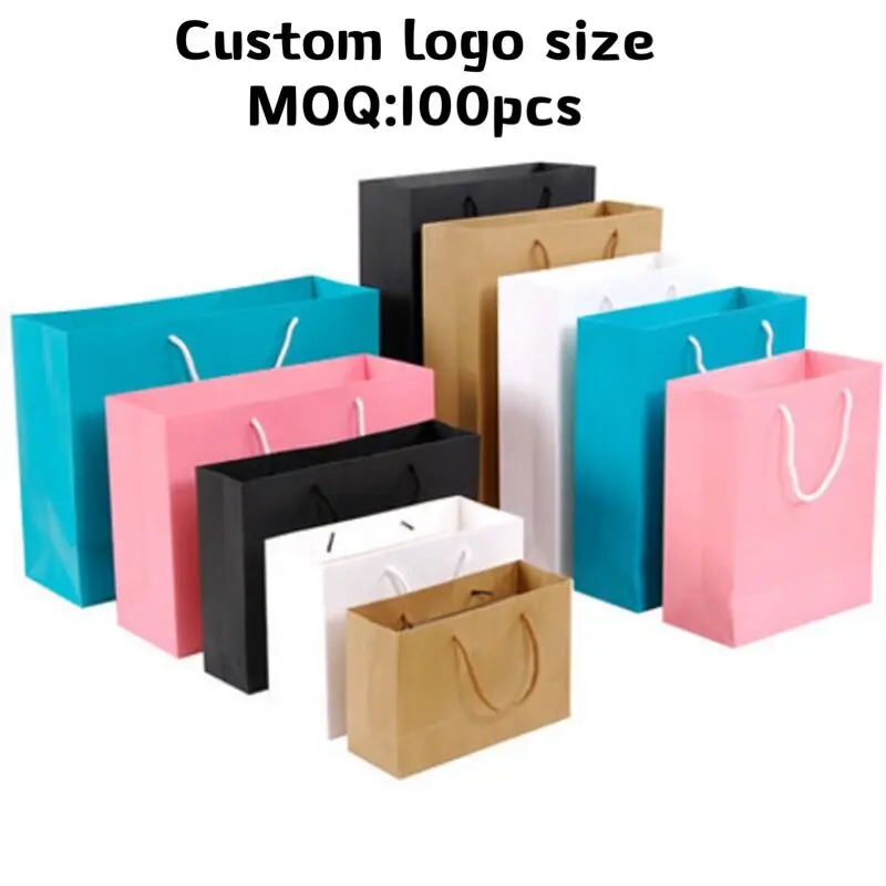 

Gift Paper Bag Custom logo size Gift Clothing Shopping Bag Kraft Paper Spot Printing Logo Solid Color Black White Pink