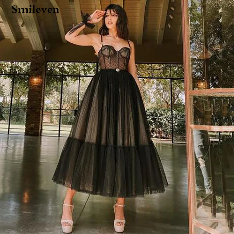 Smileven Modern Black Dotted Tulle Short Prom Dresses Spaghetti Straps Evening Gowns Sweetheart Prom Party Gowns Customized