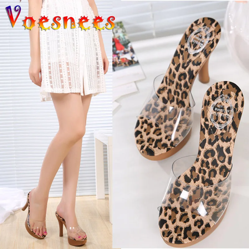 Sexy Platform Female Slippers Summer Slides Fetish Sandals Luxury Leopard Print Stripper Transparent Exotic Dancer Woman Shoes