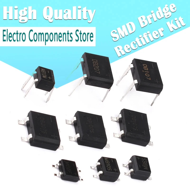 8Value*10Pcs=80Pcs/Lot SMD Bridge Rectifier Assorted Kit MB6S MB6F MB10S MB10F ABS10 DB107 DB157 DB207 Rectifier Bridge SOP DIP