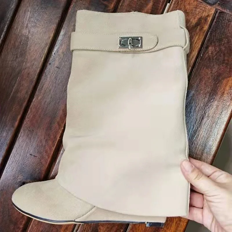 Woman Shark-Lock Ankle Boot Black Fold-Over Wedge Boots Winter Shark Lock Ankle Boot Big Size 10 Shoes