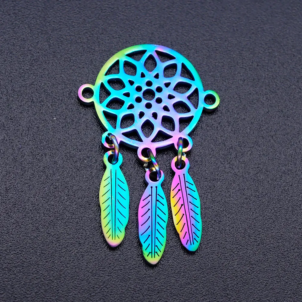 

5Pcs/Lot 100% Stainless Steel Bohemia Dream Catcher DIY Connector Charms With Rainbow Plated Connectors For Necklace