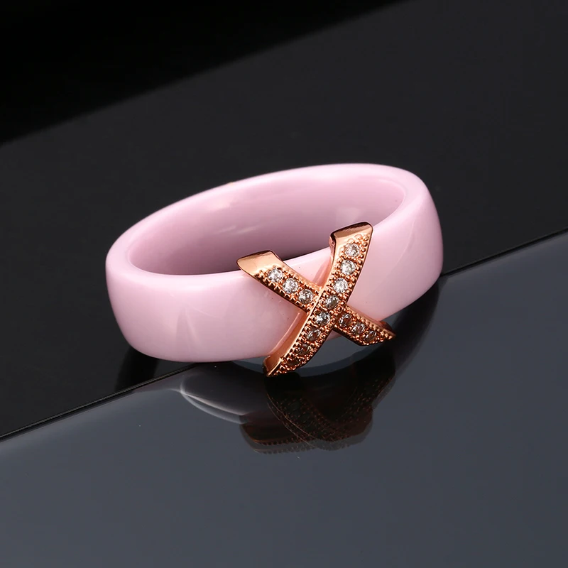 Smooth Black White Pink Blue Ceramic Rings For Women With AAA Crystal X Cross Wedding Band Ring 6mm Size 6-12 Engagement Jewelry