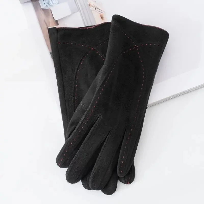 Fashion Style Plus Velvet Thicken Women Winter Keep Warm Touch Screen Suede Gloves Drive Cycling Personality Mittens