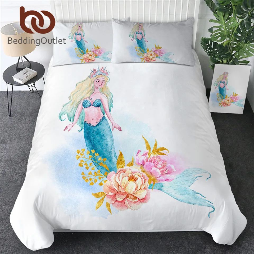 

BeddingOutlet Mermaid Bedding Set Queen Princess Duvet Cover Floral Girls Home Textiles Flower Bedspreads Watercolor Bed Set