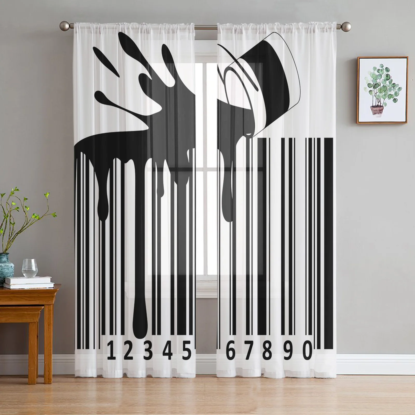 Barcode Pattern Spilled Paint Bucket Tulle Sheer Window Curtains for Living Room Kitchen Children Bedroom Voile Hanging Curtain