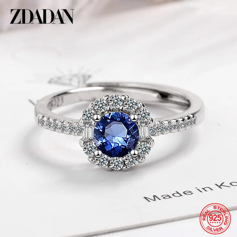 ZDADAN 925 Sterling Silver Sapphire Adjustable Ring For Women Fashion Party Jewelry Gift