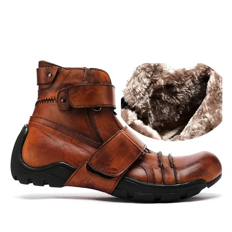 Vintage Mens Casual Genuine Leather Round Toe Biker Boots Cowhide High-Top Spliced Winter Warm Outdoor Fashion Ankle Boot