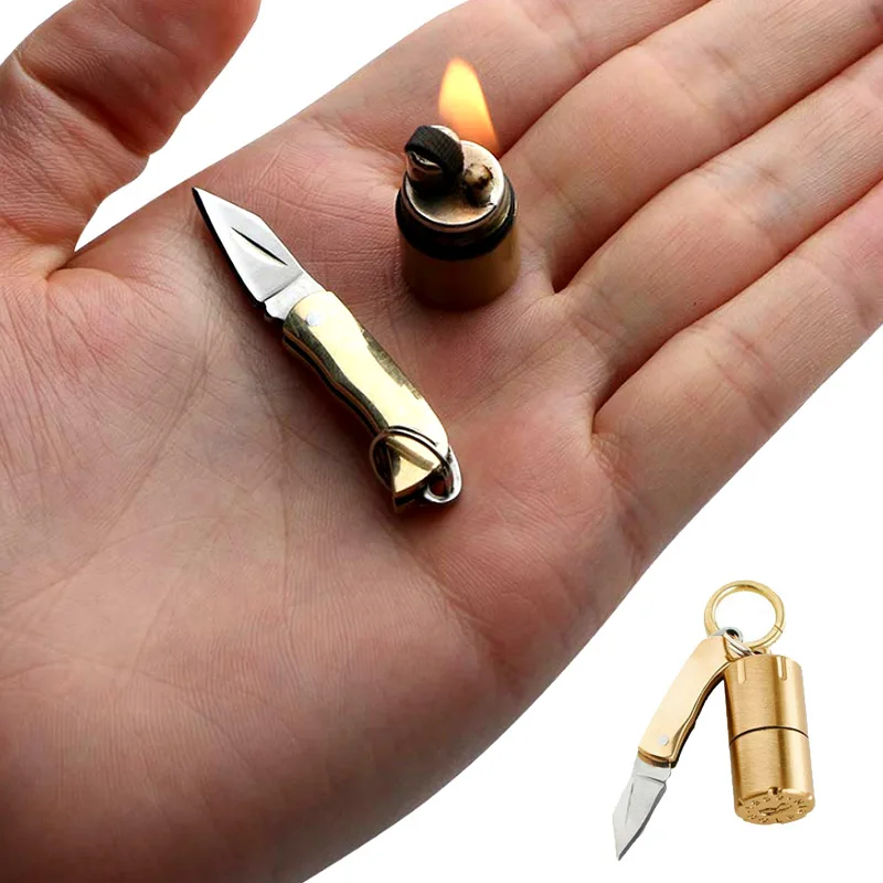 Vintage Mini Kerosene Oil Lighter With Keychain Knife Whistle Outdoor Emergency Survival Tool Key Chain Pendant Gadget