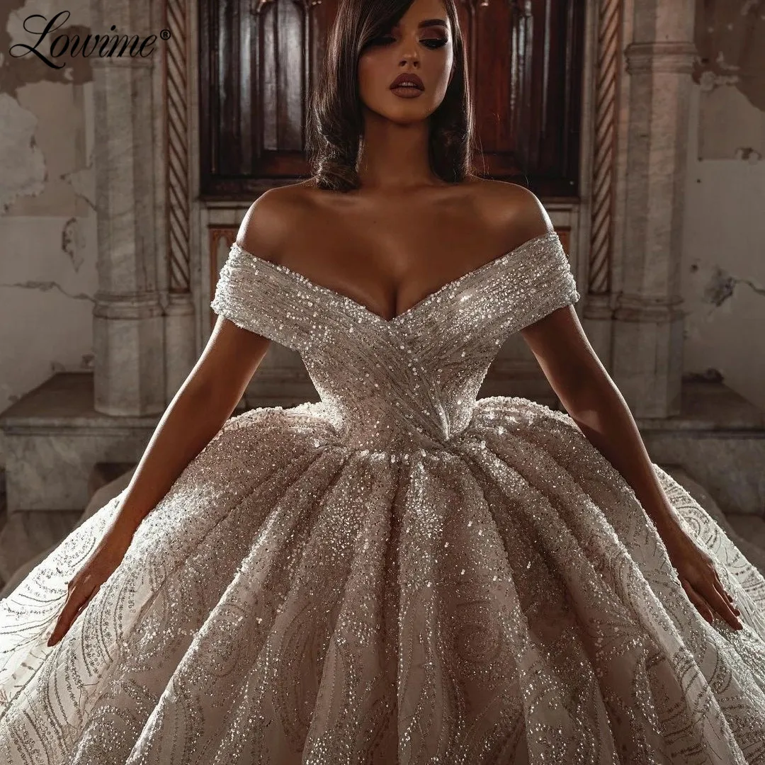 Inchado brilhante tecido muçulmano vestidos de casamento longo fora do ombro vestido de noiva de luxo vestidos de noiva lantejoulas vestido de casamento robe mariage