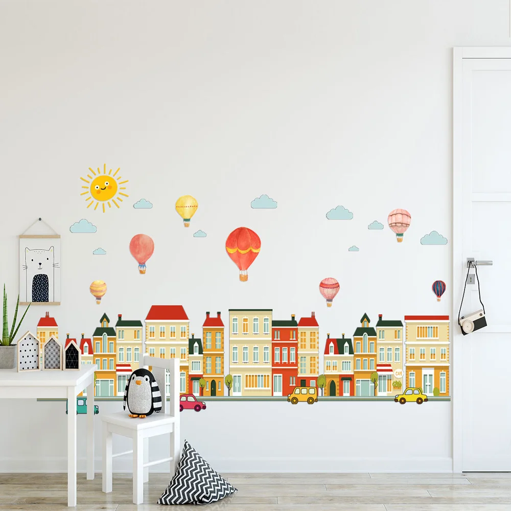 Building Car Hot Air Balloon Wall Sticker For Baby Rooms Bedroom Decorations Home Wallpaper Nursery Mural Kids Room Stickers