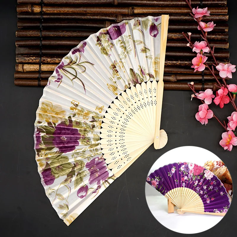 Classical Antique Folding Fan Vintage Chinese Japanese Style Single-sided Silk Folding Fan Flower Bamboo Dance Hand Fan