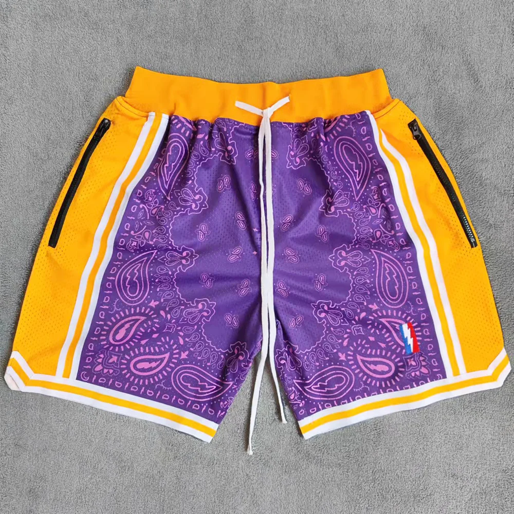 MM MASMIG Los Angeles Style Purple Paisley Printed Basketball Shorts with Zipper Pockets Bryant LeBron Streetwear Training Pants