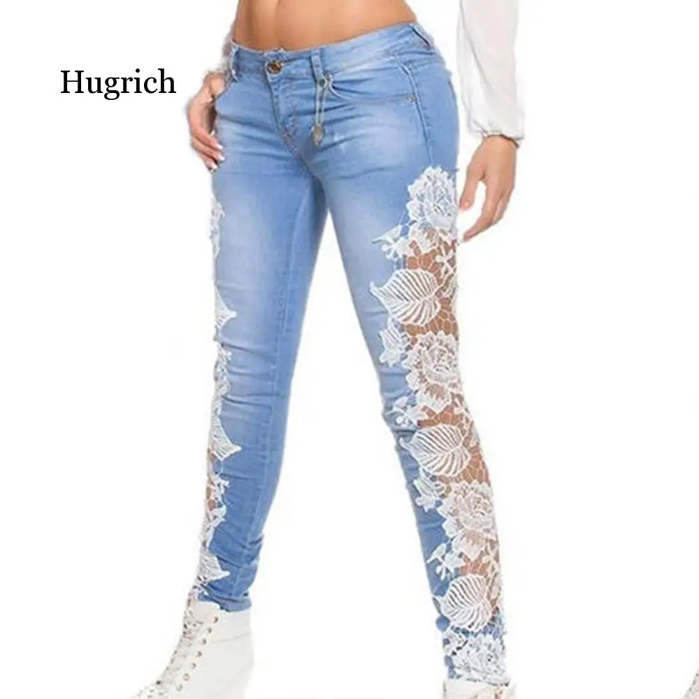 New European and American Sexy Lace Cut Out Jeans Two Colors for Young Gril