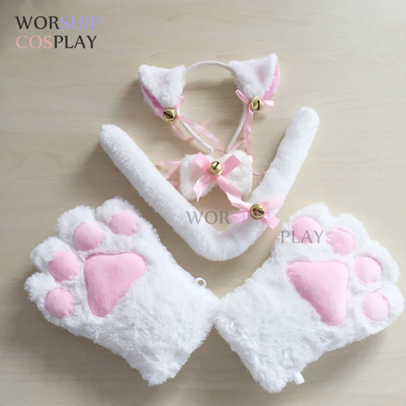 Luva de pelúcia para cosplay de anime, conjunto de luvas e orelhas para empregada, gato, lolita