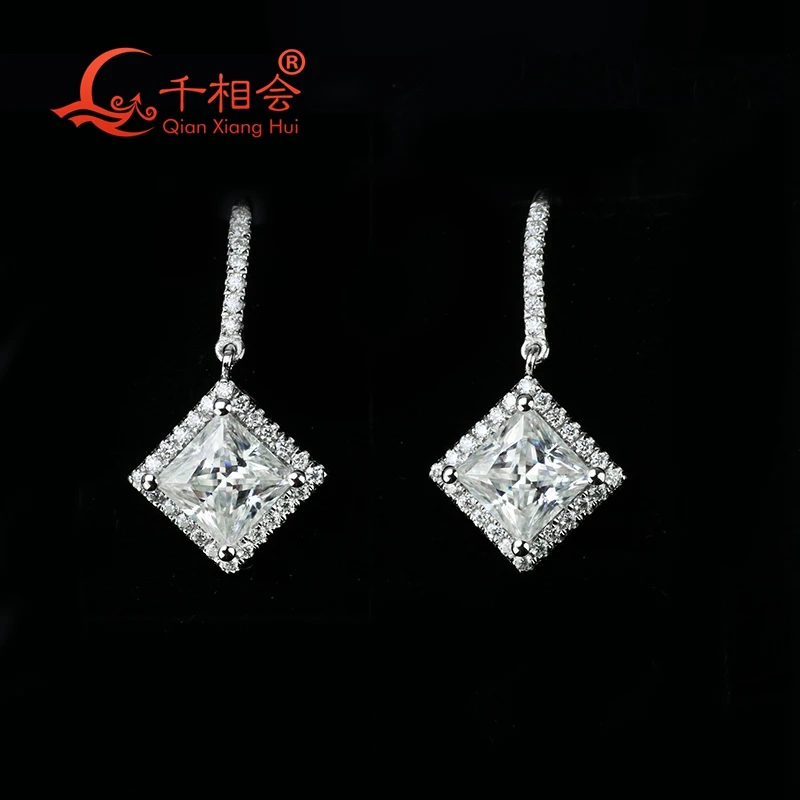 8mm square shape  earrings  ear stud   925 silver round  6mm main stoneD vvs  white moissanite  stone  drop earring  jewelry