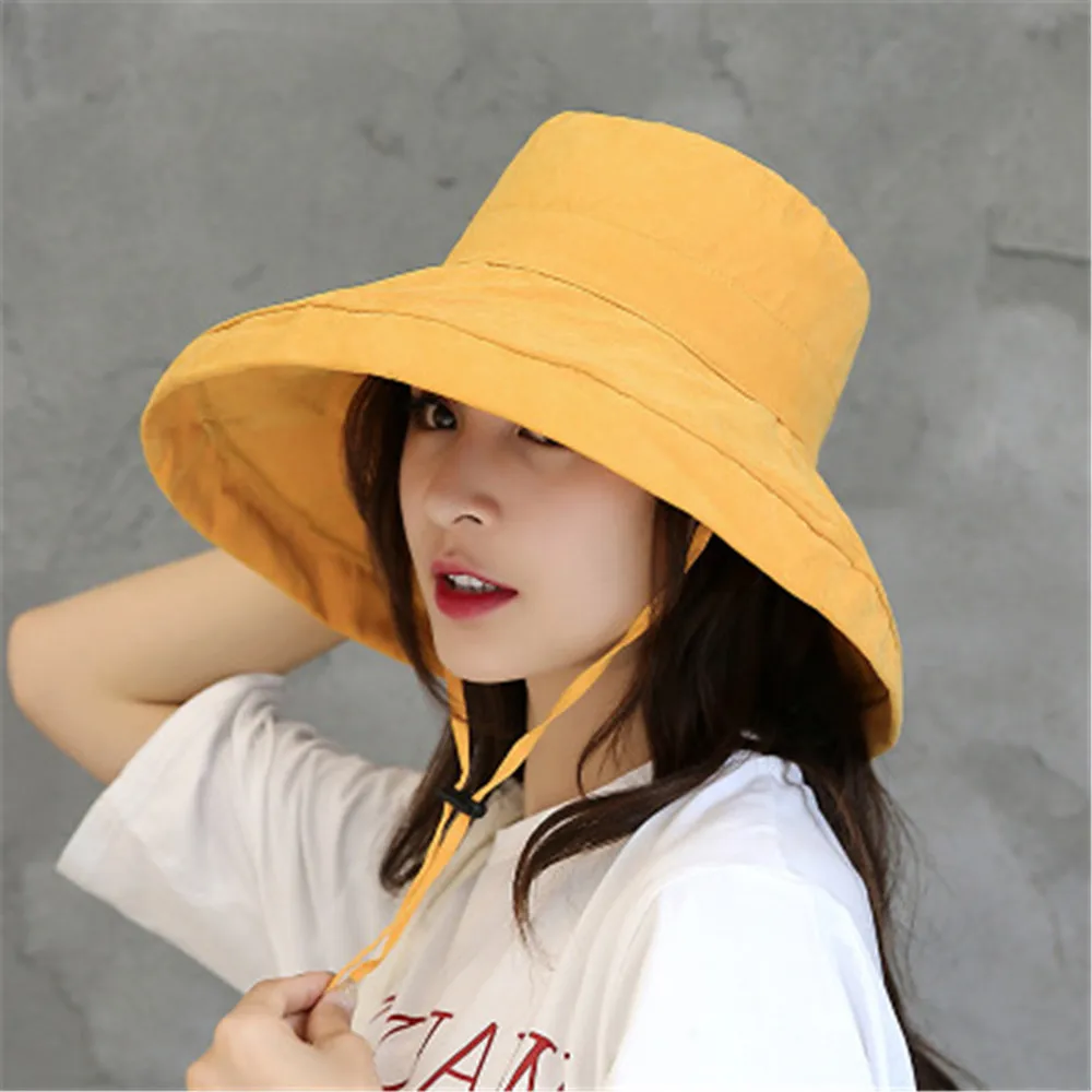 1Pc Summer Big Brim Sun Hat For Female Seaside Sun Protection UV Beach Cap Japanese Wild Fisherman Hat with Windproof Rope Gifts