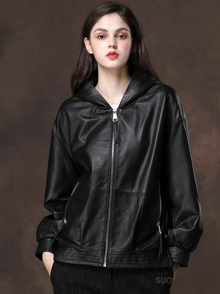 Nerazzurri Spring Autumn Casual Hooded Waterproof Black Soft Pu Leather Jackets for Women with Drop Shoulder Long Sleeve Zipper