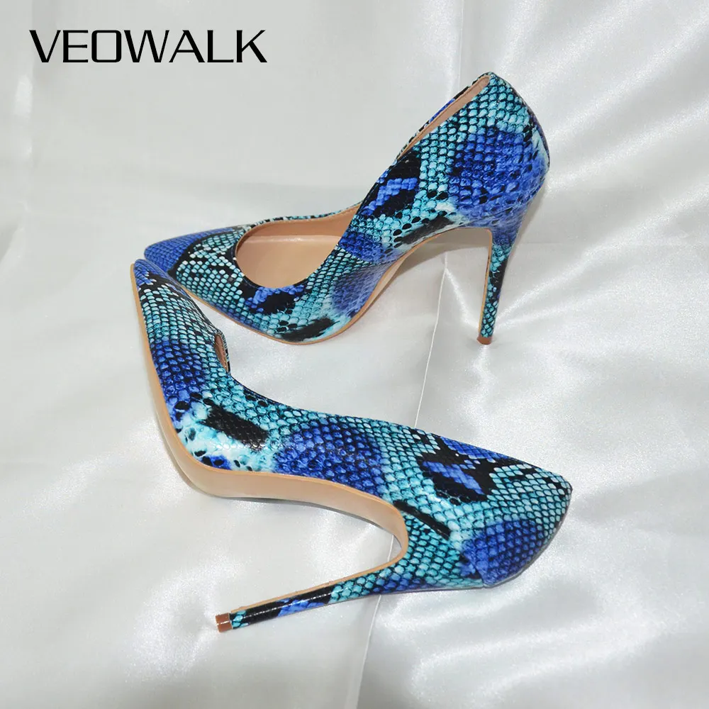 Veowalk Snake Printing Leather Women Super High Heels Sexy Ladies Pointed Toe Stiletto Pumps Slip on Party Shoes Blue