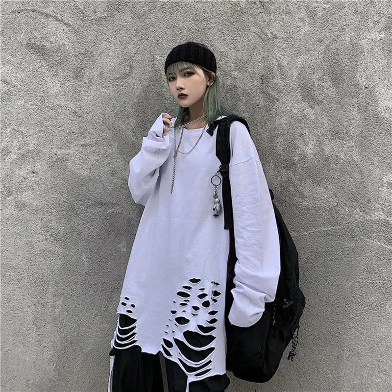 150kg Wearable Autumn New Cool Fashion Beggar Men Clothing Ripped Hole Loose 3xl Oversized Long Sleeve Tshirts Hip Hop Punk Tops