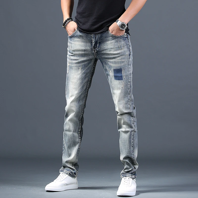 Light Blue Ripped Jeans Men's Cotton Regular Straight Denim Pants Streetwear Distressed Patch Jean Trousers